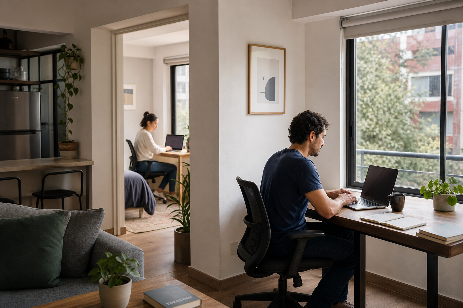 Remote-work couple using separate desks in a furnished Narvarte two-bedroom apartment during a monthly stay in Mexico City.