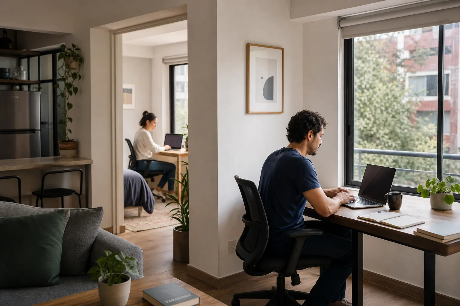 Remote-work couple using separate desks in a furnished Narvarte two-bedroom apartment during a monthly stay in Mexico City.