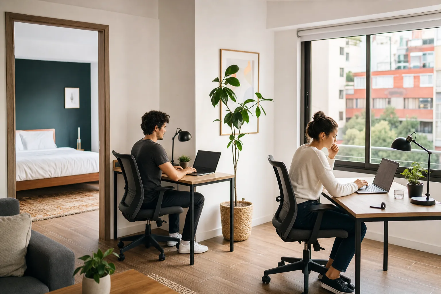 A remote-working couple uses separate desks in a bright Narvarte two-bedroom apartment in Mexico City.