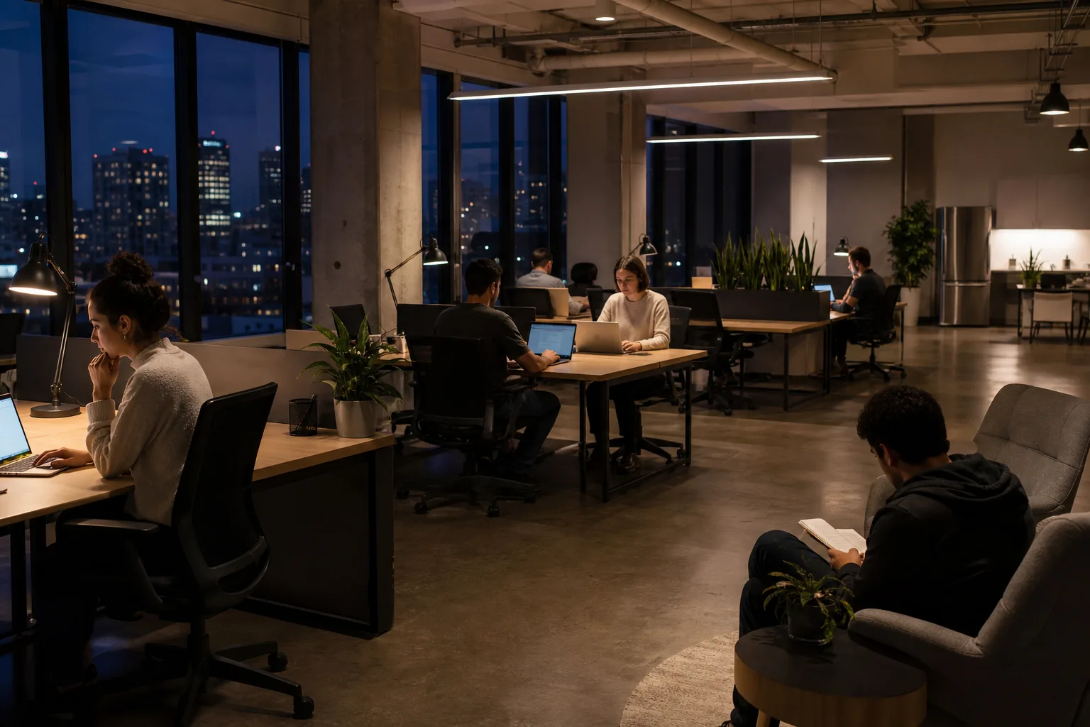 Coworking con áreas abiertas y operación extendida para horarios de trabajo irregulares.