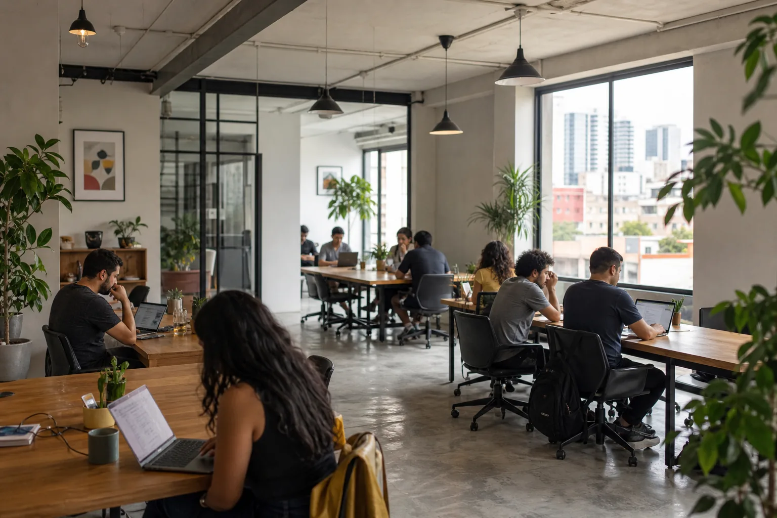 Interior de coworking de rango medio en Roma Norte con mesas compartidas y luz natural.