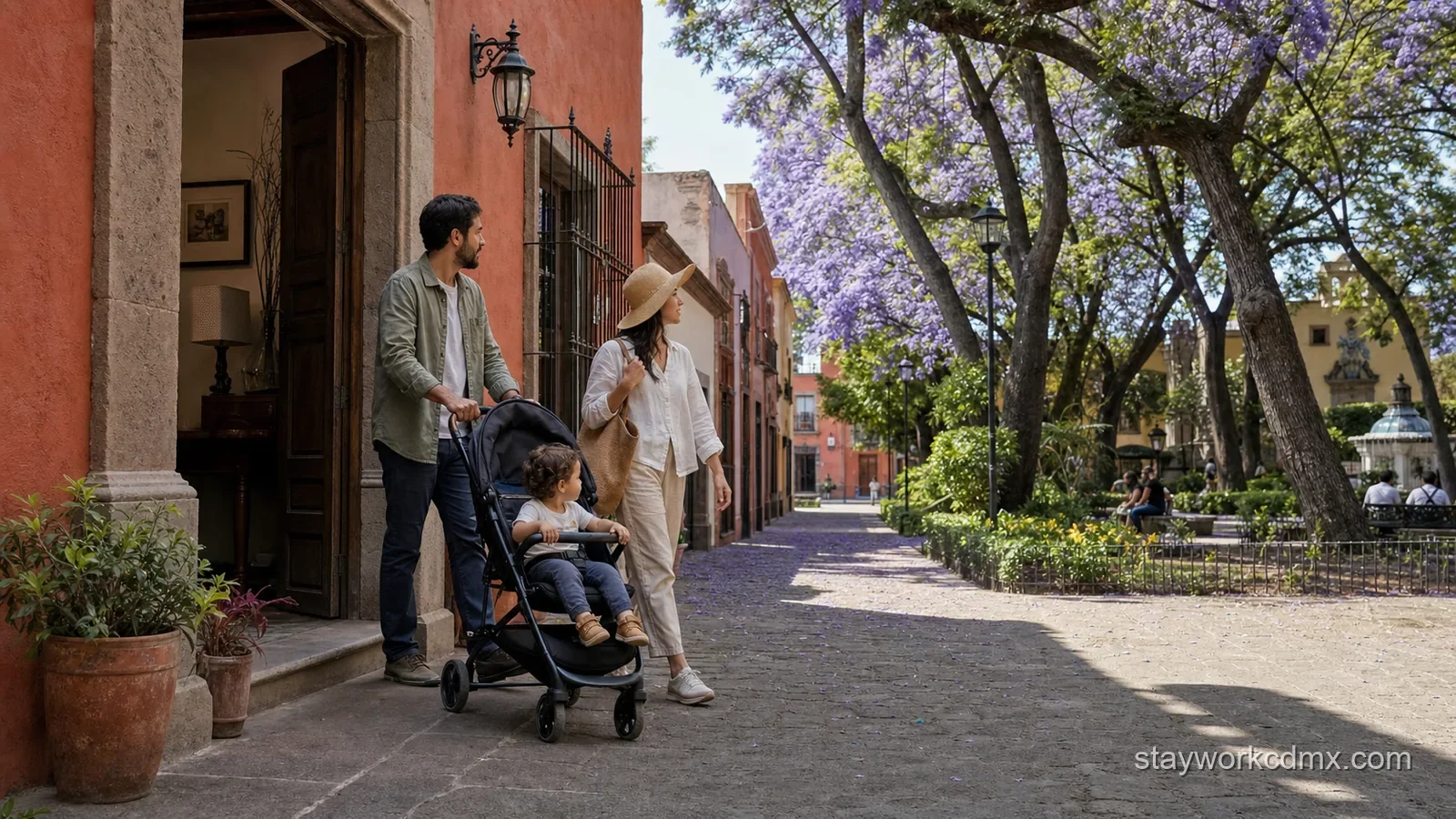 Family travelers enjoy a calm Coyoacán vacation-rental stay near a leafy colonial plaza and cultural sites.