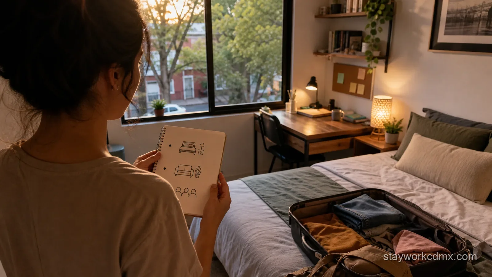 Persona comparando opciones de renta de cuartos en colonia Narvarte antes de decidir entre cuarto privado, departamento amueblado o buscar roomies.