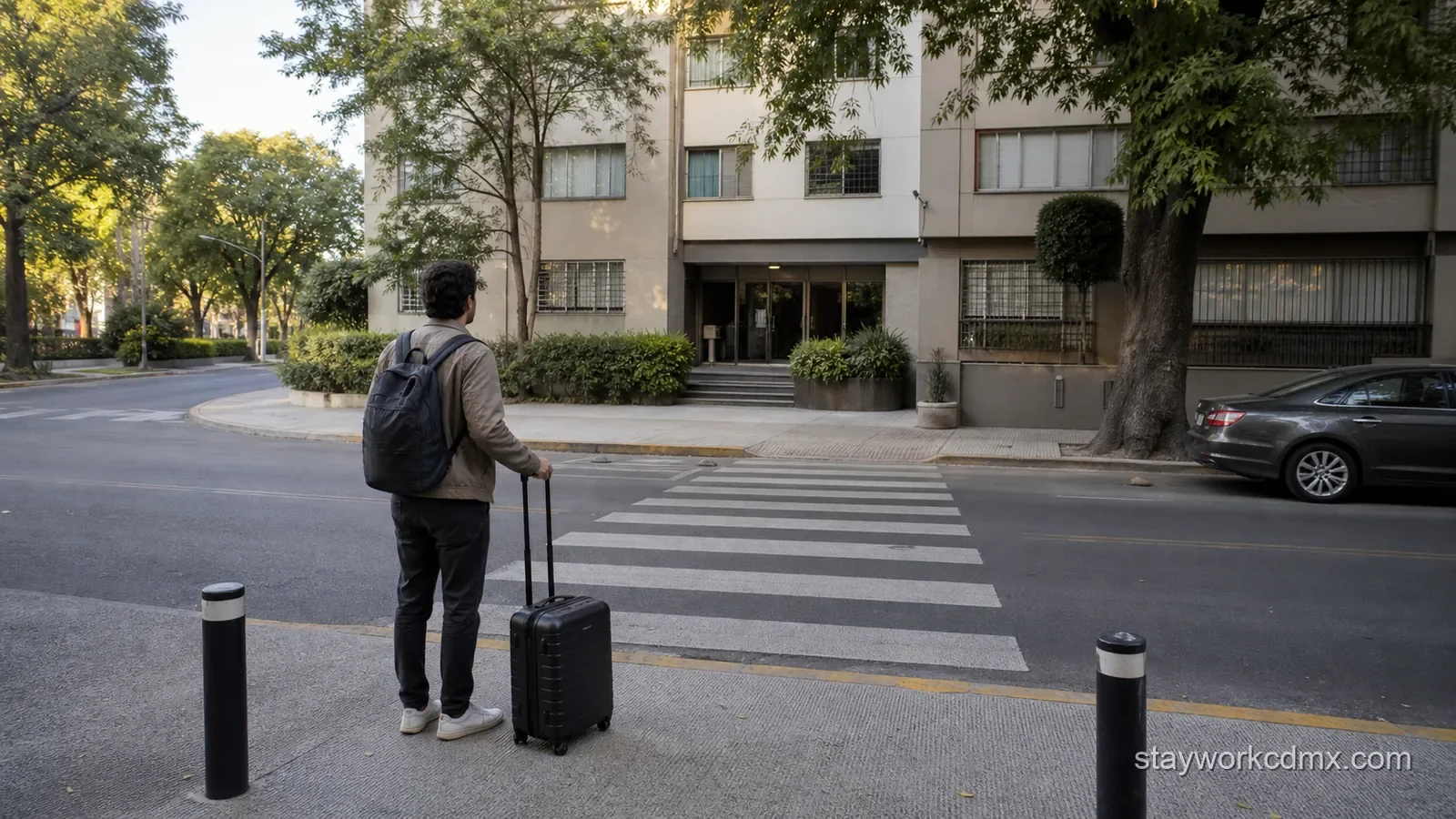 Prospective monthly guest tests the final walk from a Del Valle curbside pickup and crosswalk to a residential apartment entrance before booking.