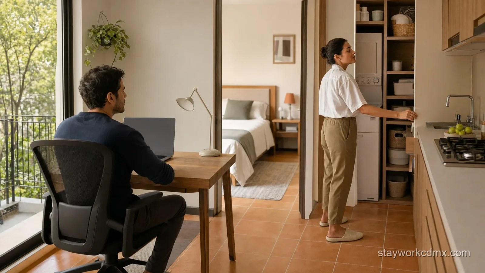 A couple reviews a furnished Del Valle apartment’s quiet work area, kitchen, laundry storage, and restful bedroom before a monthly booking.
