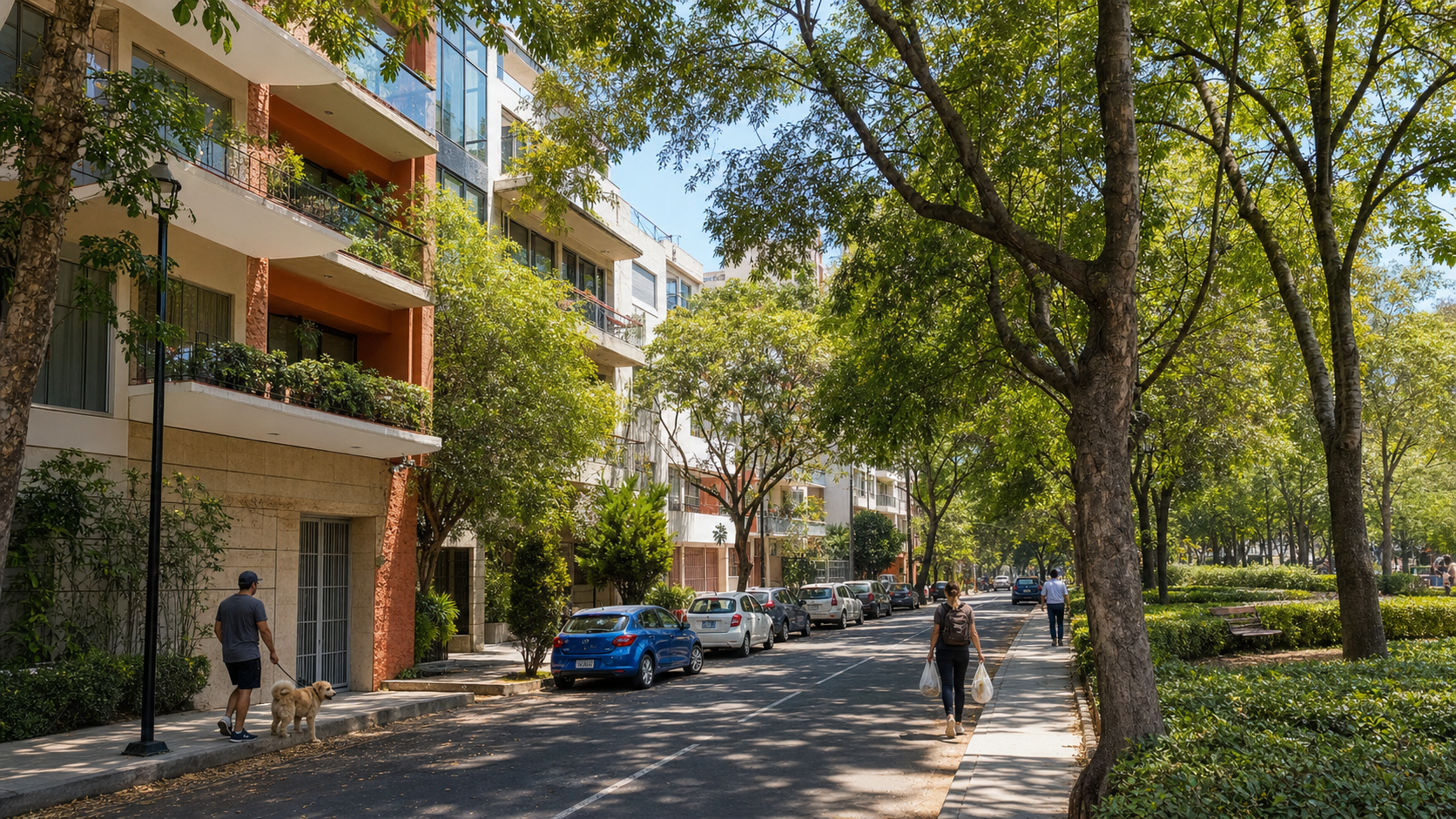 Tree-lined Del Valle residential avenue and furnished-apartment neighborhood life in Mexico City