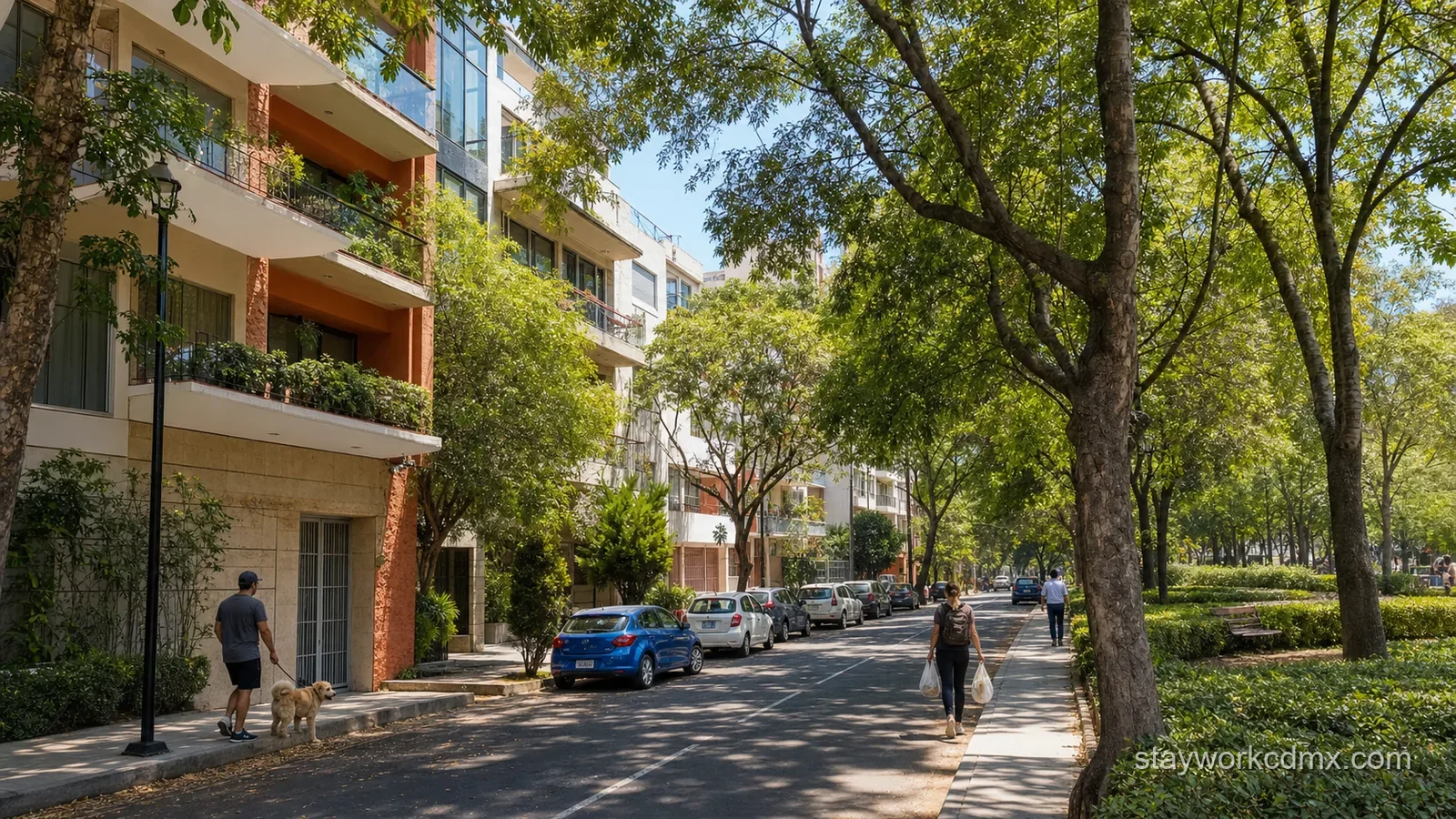 Tree-lined Del Valle street and apartment access for a long stay in Mexico City