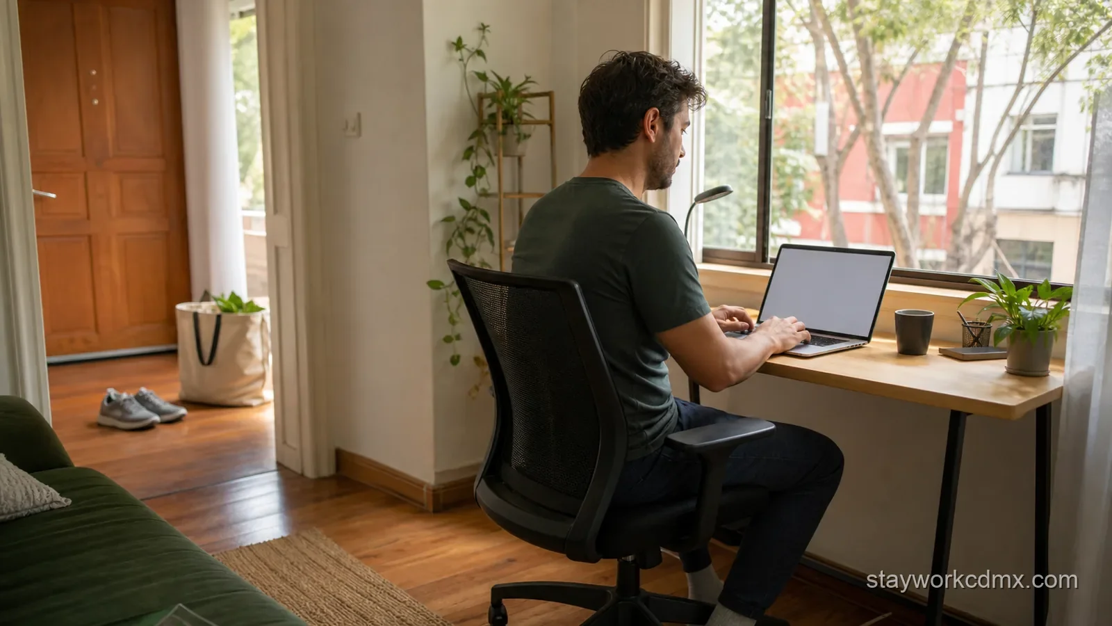 A remote worker starts a weekday at a well-equipped Del Valle apartment desk, with running shoes and a market tote ready near the entry.