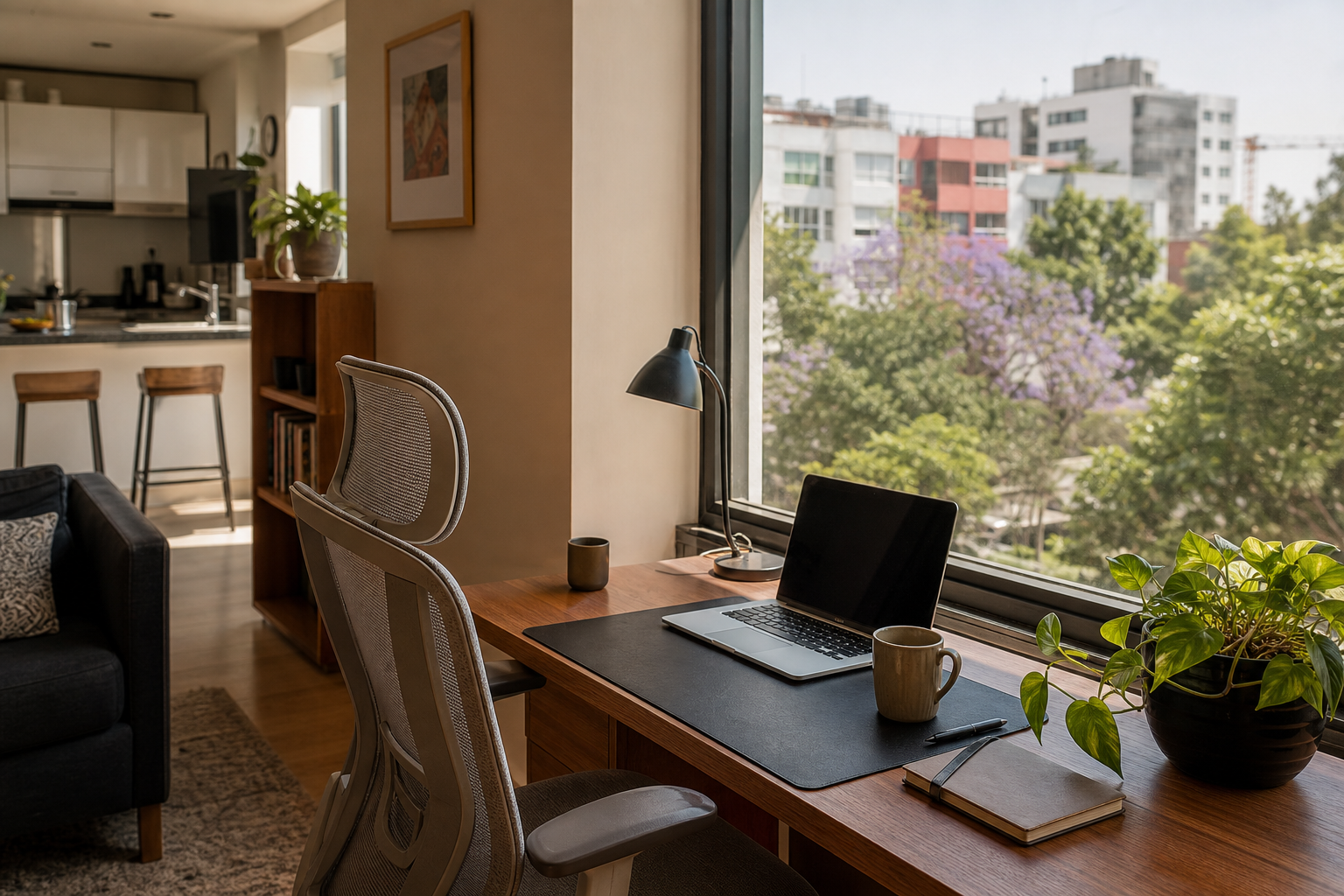 A dedicated Del Valle apartment desk with an ergonomic chair, kitchen nearby and a leafy residential view, illustrating what to verify before booking.