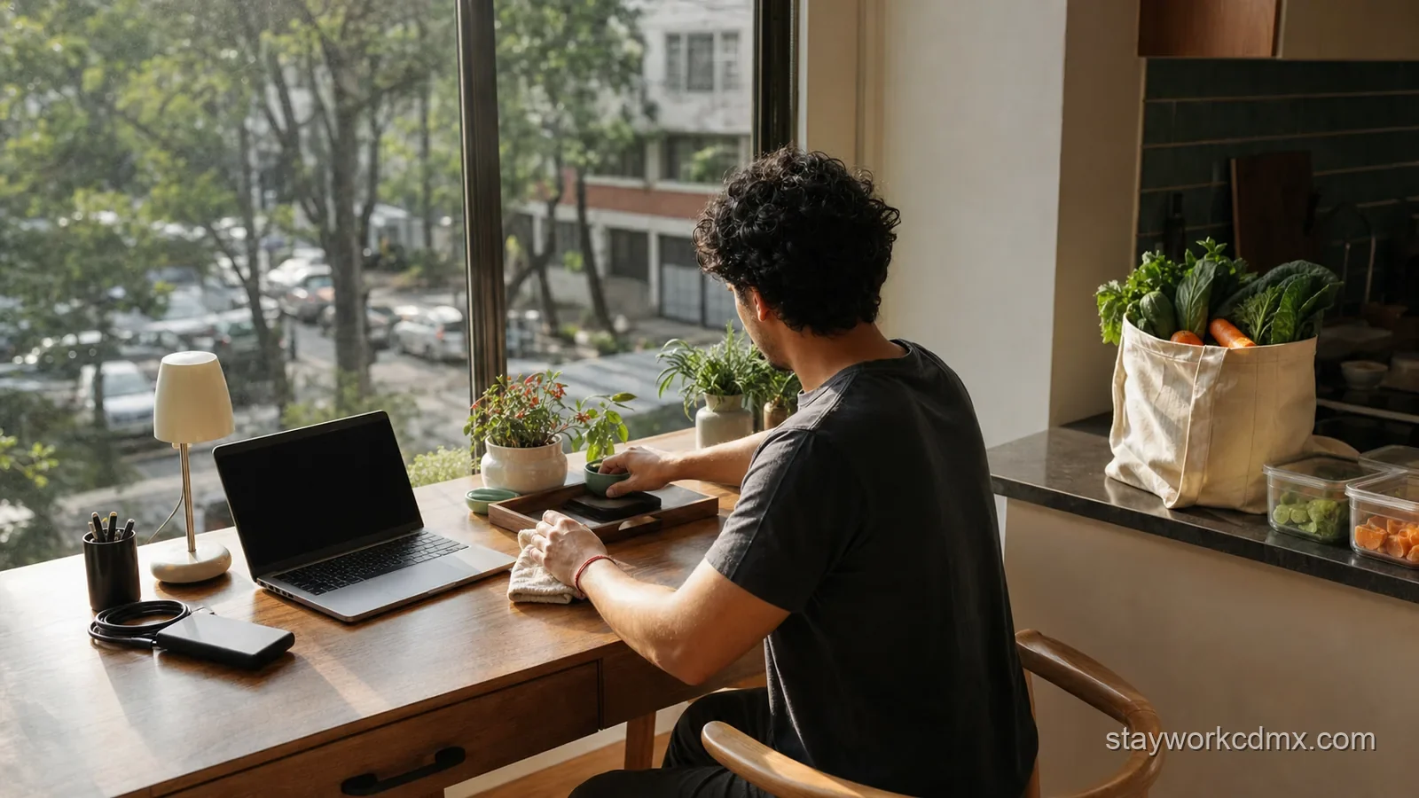 Remote worker preparing meals and resetting a tidy home office on Sunday in a furnished Del Valle apartment.