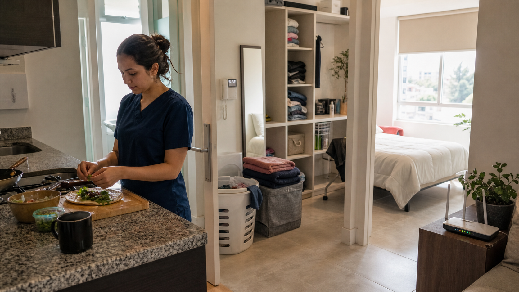 Departamento de estancia medica prolongada en Narvarte con cocina, lavanderia, dormitorio tranquilo, Wi-Fi y espacio de guardado para una rutina diaria