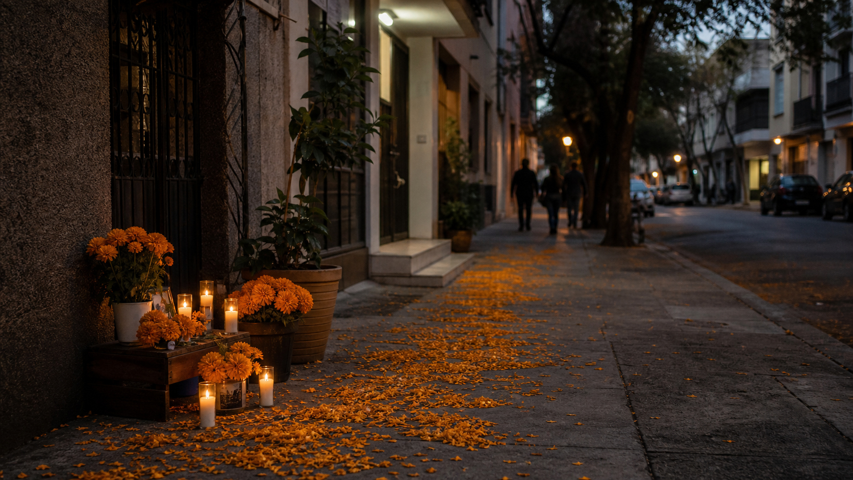 Calle tranquila de CDMX al atardecer con cempasúchil y velas en una entrada para recordar que Día de Muertos debe vivirse con respeto y no como fiesta de disfraces.