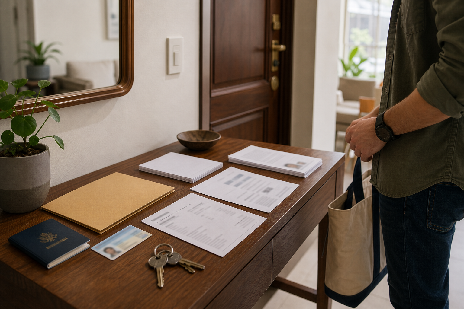 Documentos de identidad, residencia y comprobante de domicilio preparados para una cita de RFC en México.