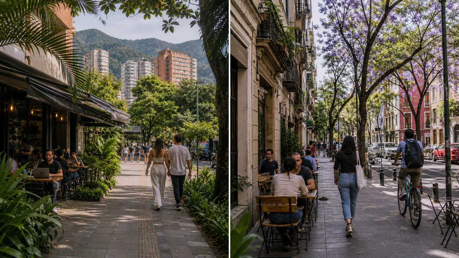 Side-by-side neighborhood rhythm comparison of El Poblado in Medellín and Roma Norte in Mexico City.