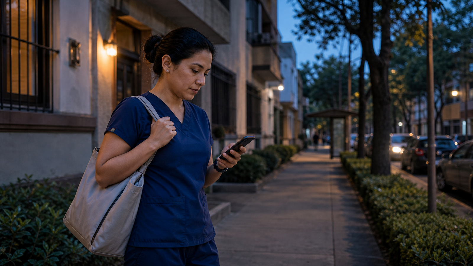 Nursing staff member in Narvarte checking the early route to Mexico City hospitals before a shift.