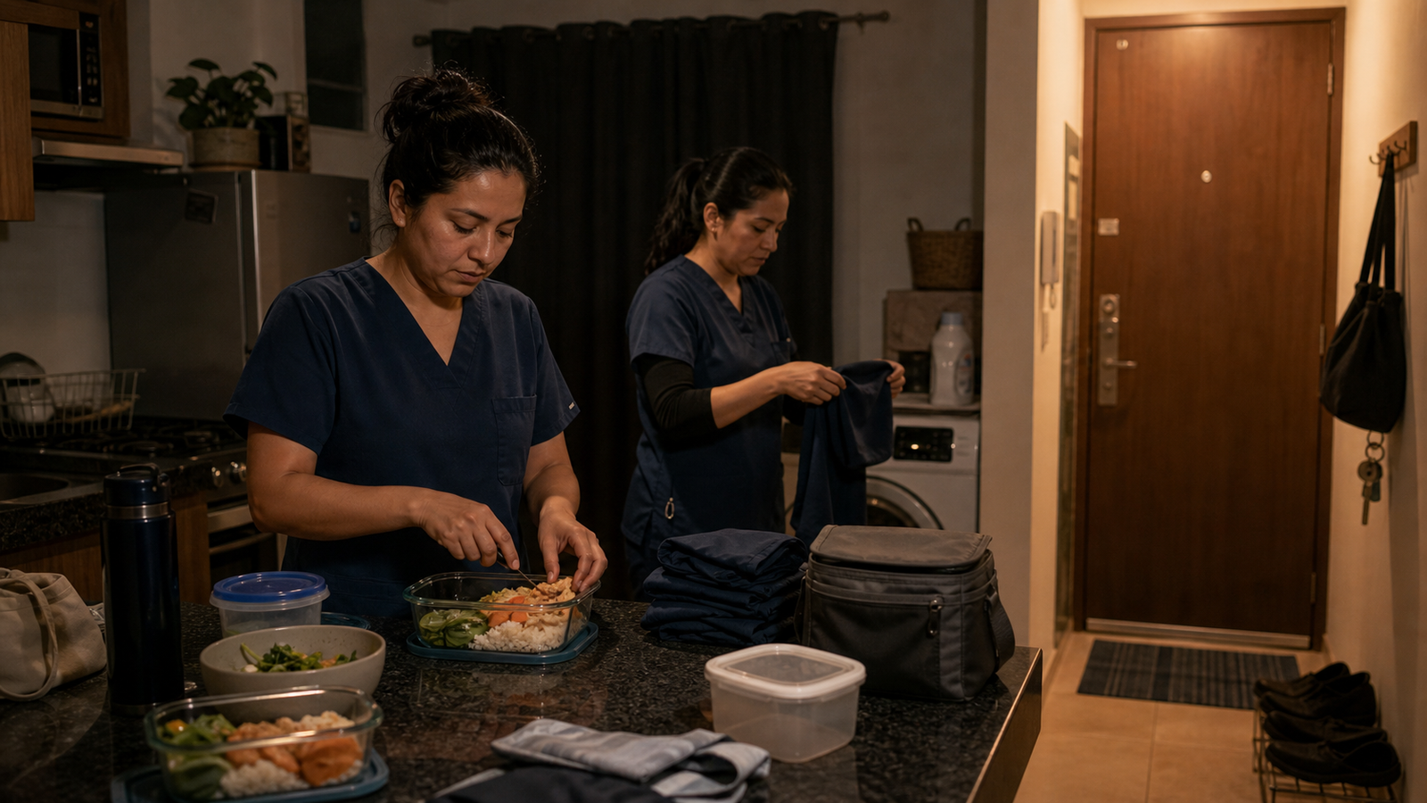Nursing staff housing in Mexico City with kitchen access, blackout curtains, laundry, and secure apartment entry for long hospital shifts.