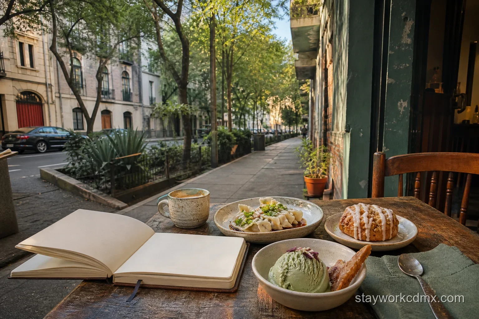 An Escandón remote worker taking a short café break between apartment calls and errands.