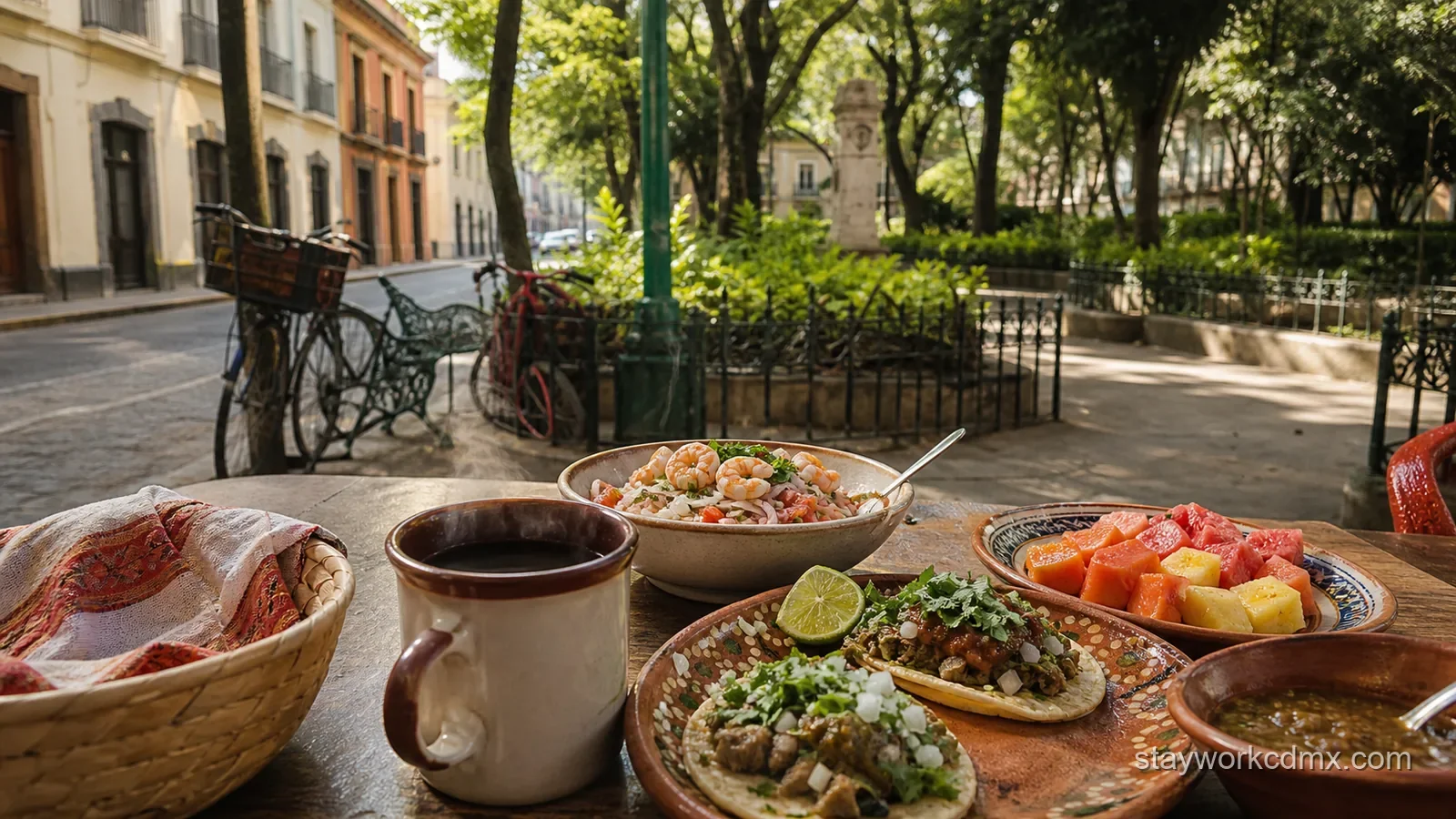 Tacos, seafood, fruit and coffee beside a leafy Escandón I street in Mexico City