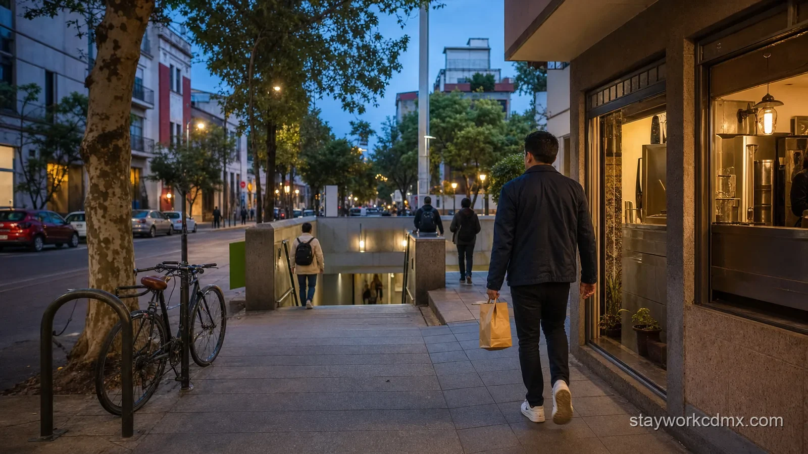 Escandón resident carrying a small unbranded takeaway bag toward a Mexico City transit entrance after an evening food stop.