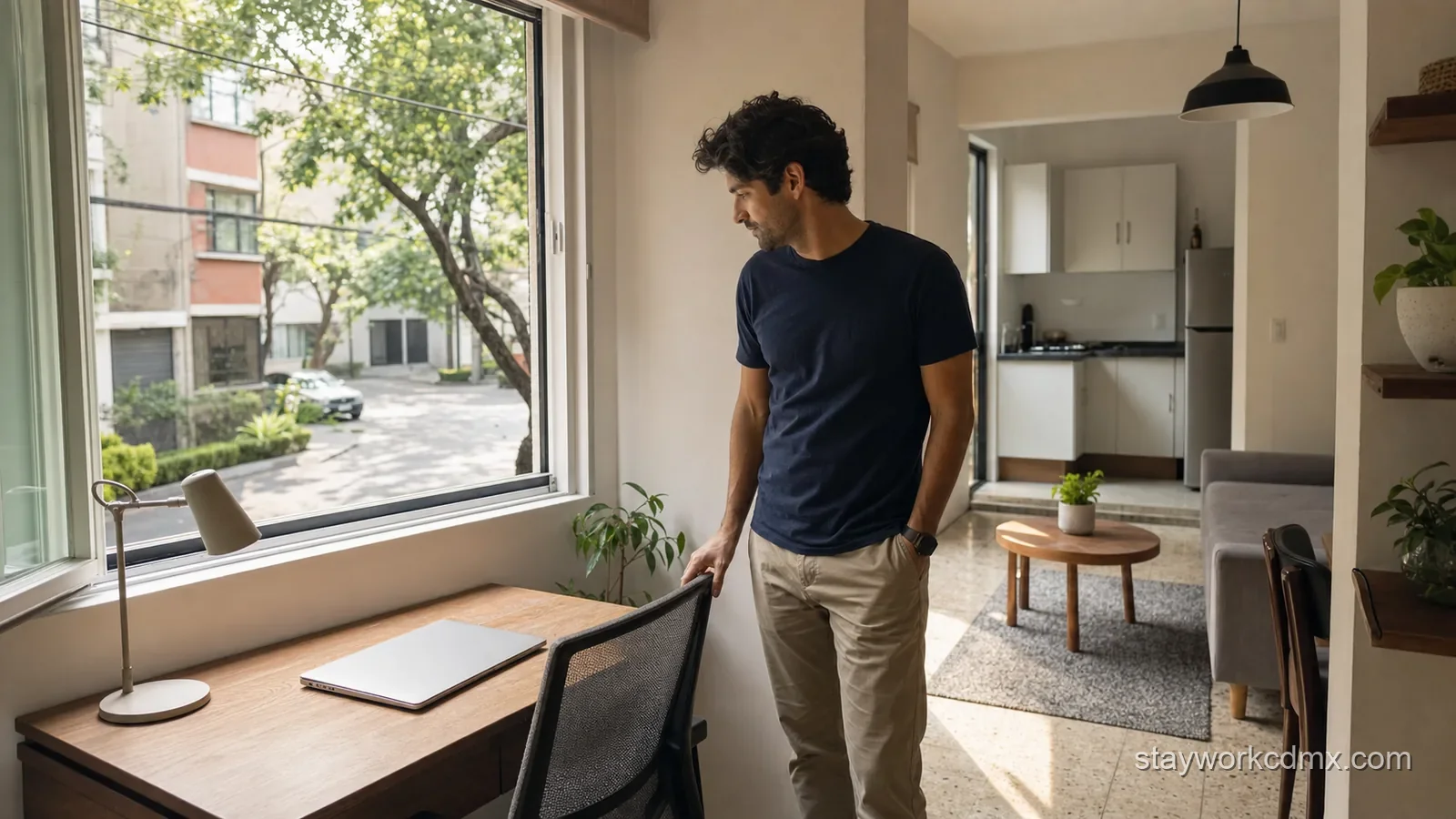 Remote worker assessing a furnished Escandón apartment workspace and quiet interior-street view for a month-long stay