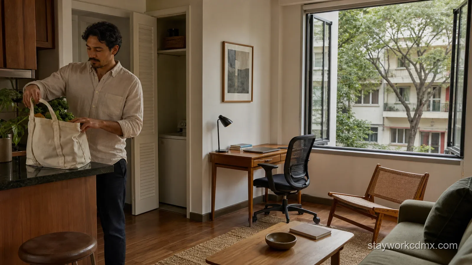 Remote worker setting up a furnished Escandón apartment with a desk, laundry closet, and leafy side-street window for a month in Mexico City.