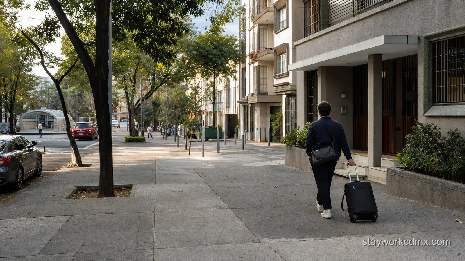 A long-stay traveler walks a flat Escandón sidewalk from a Metro access point toward a residential apartment entrance with a small rolling suitcase.
