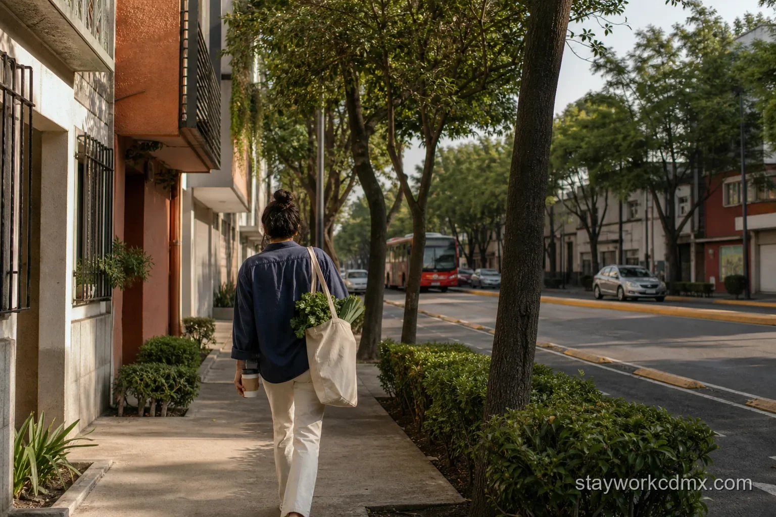 An Escandón resident combining a market run with the route back to a monthly apartment.
