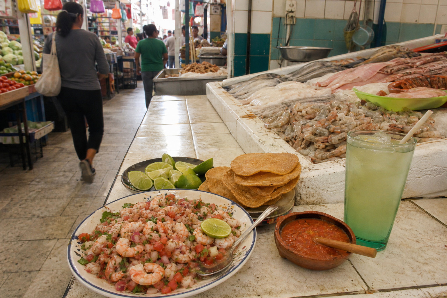 Shrimp ceviche, tostadas and aguas frescas at an Escandón market