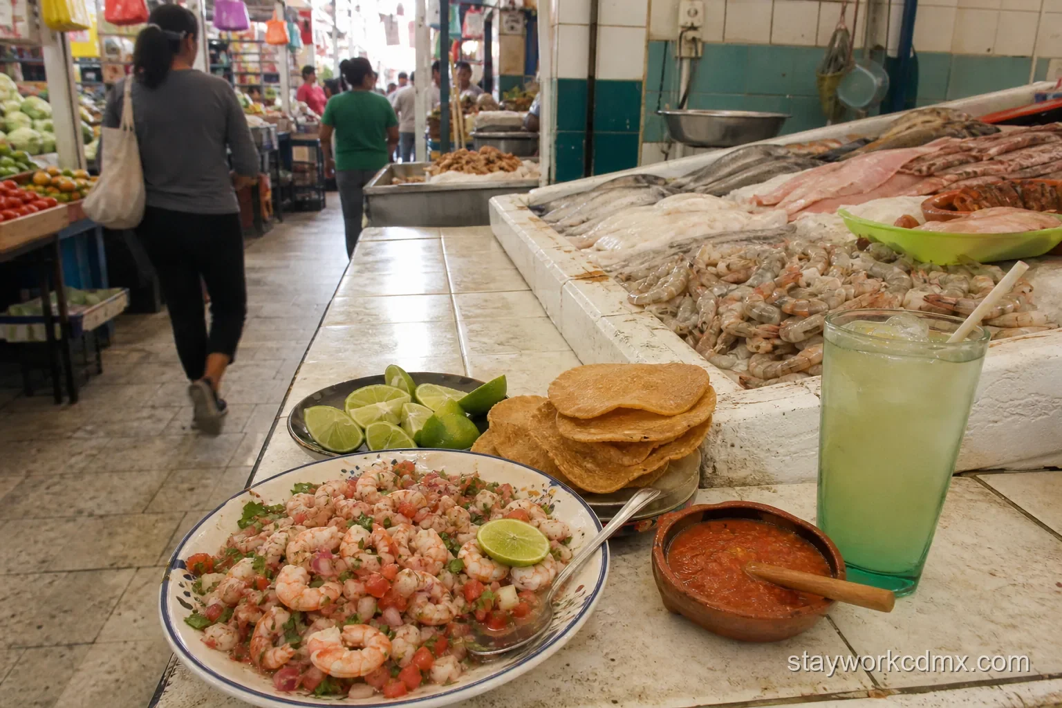Shrimp ceviche, tostadas and aguas frescas at an Escandón market