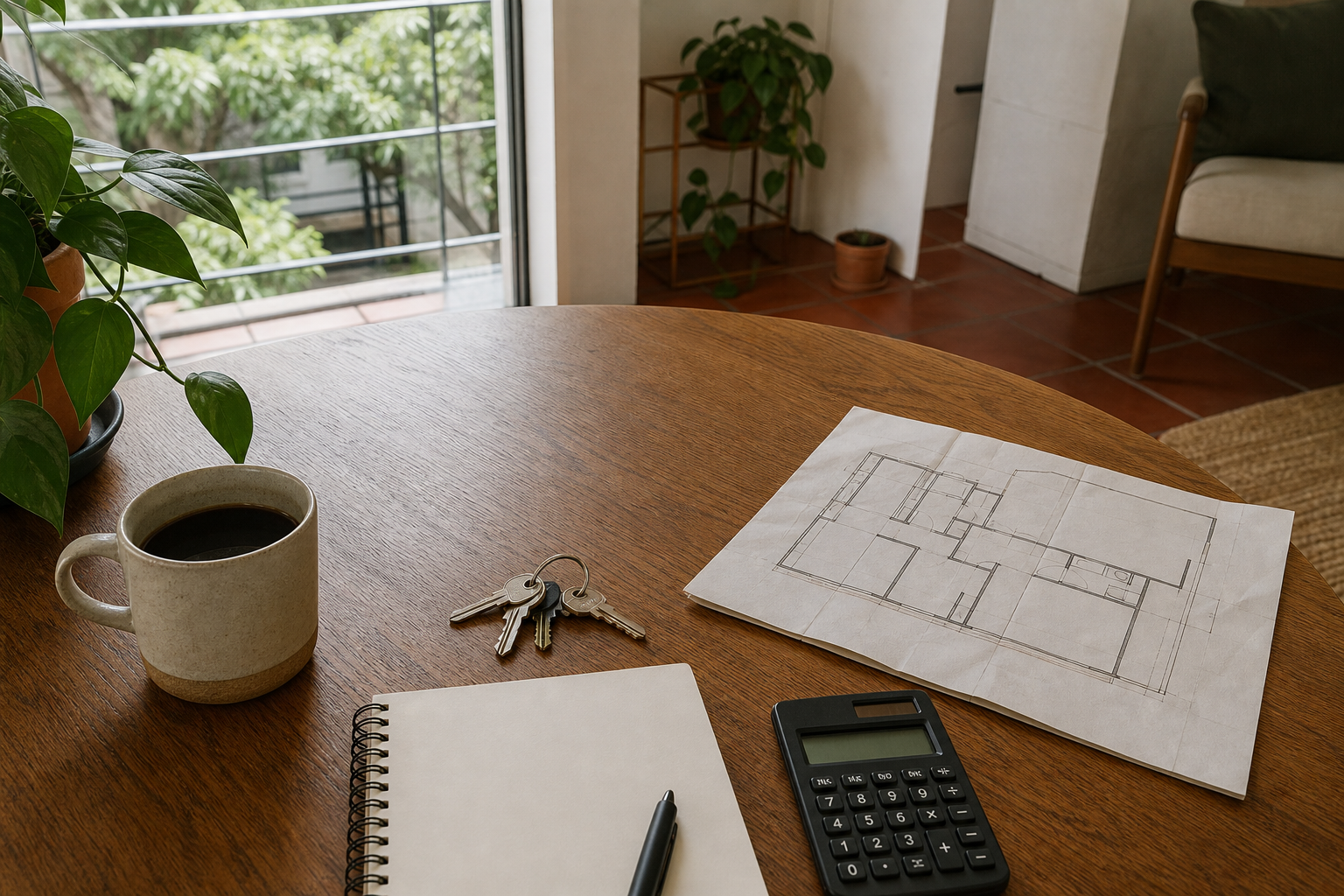 Apartment keys, a blank floor plan and a calculator on a furnished Escandón table for comparing a monthly rental