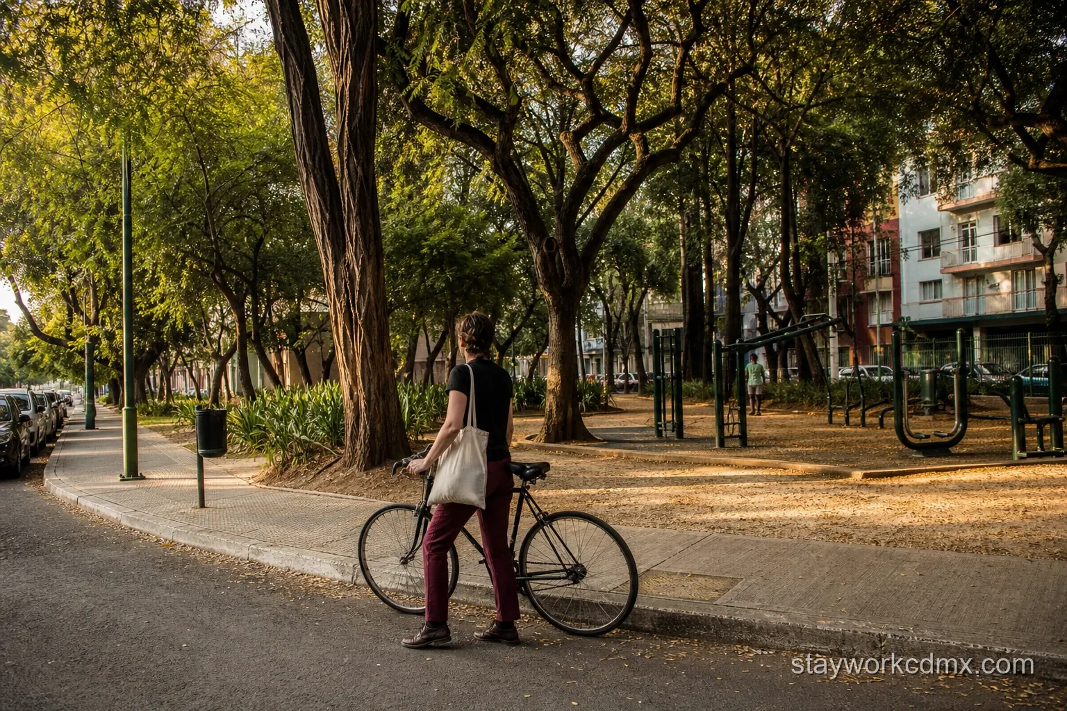 An Escandón park walk with a bicycle and neighborhood exercise area