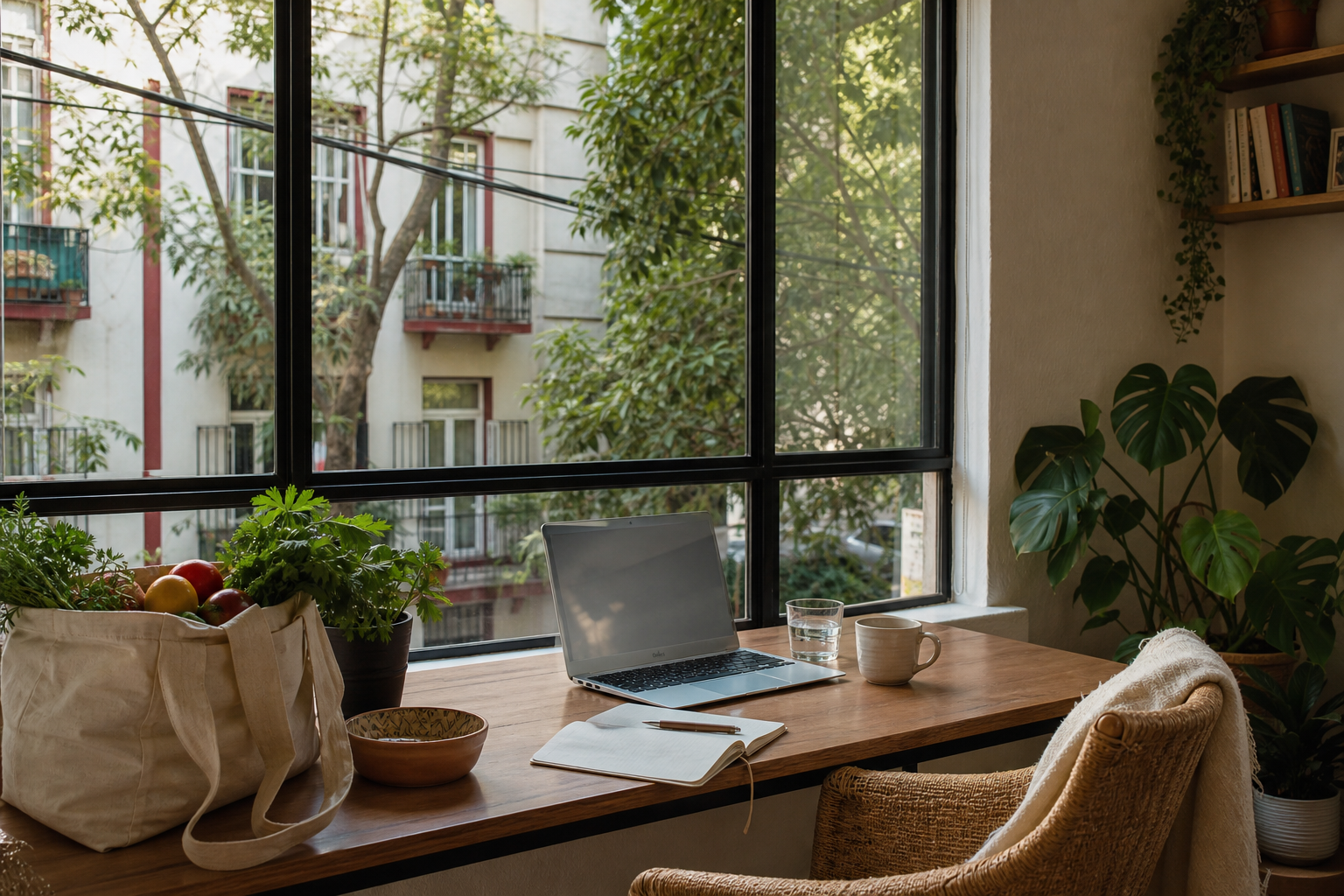 Remote work desk with coffee and market groceries overlooking a leafy Escandón I apartment street