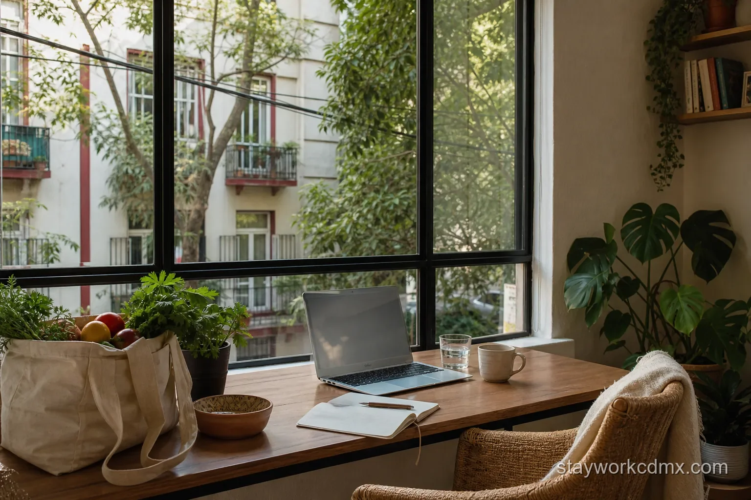 Remote work desk with coffee and market groceries overlooking a leafy Escandón I apartment street