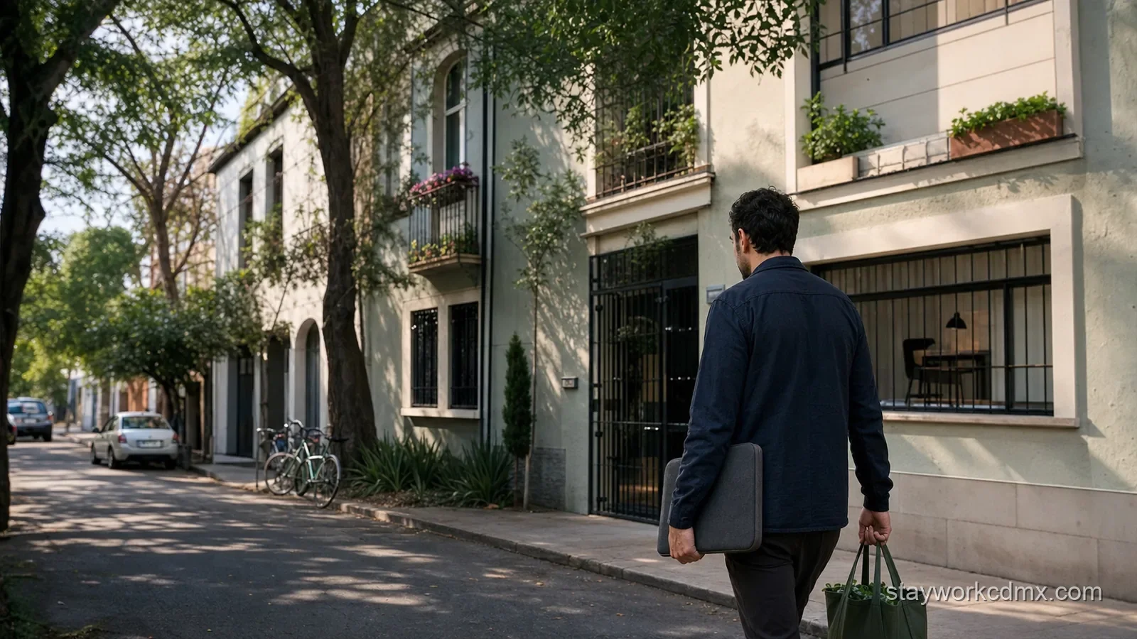 Remote worker returning to a quiet Escandón side street with a laptop bag after a productive workday in a furnished monthly apartment