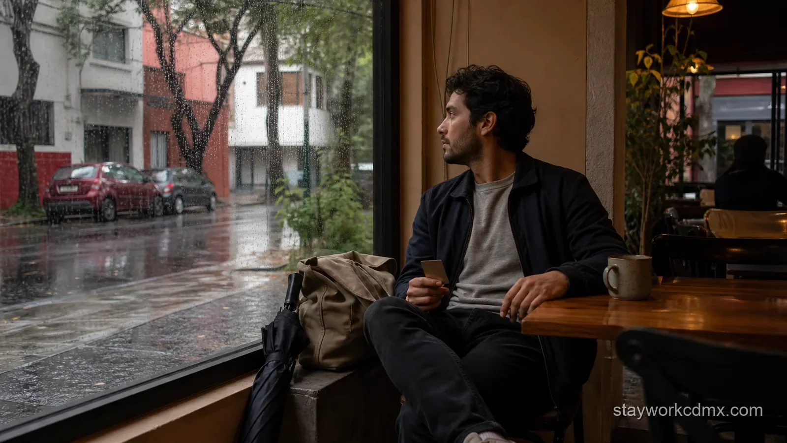 A long-stay guest waits out heavy rain in a quiet Escandón café near a residential route, with a folded umbrella and transit card beside a small bag.