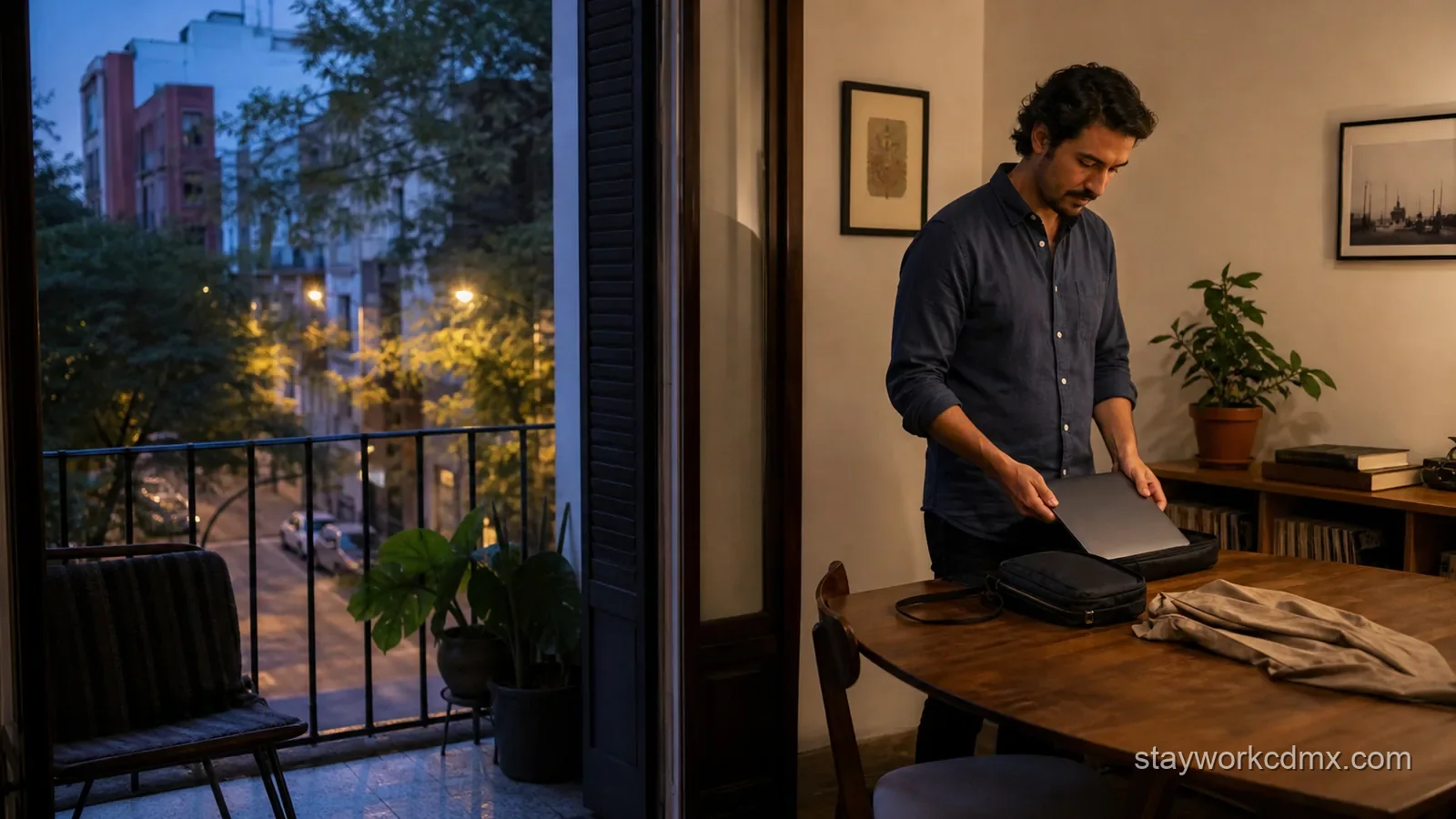 Remote worker finishing a quiet apartment workday in Escandón before an easy evening out in nearby central Mexico City.