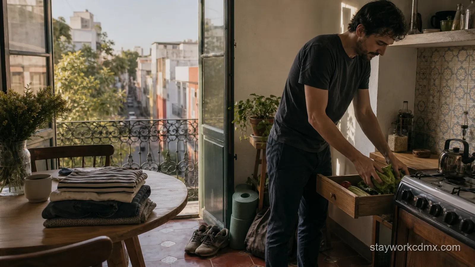 A long-stay guest resets an Escandón apartment on Sunday with market groceries, laundry and walking gear for the week.