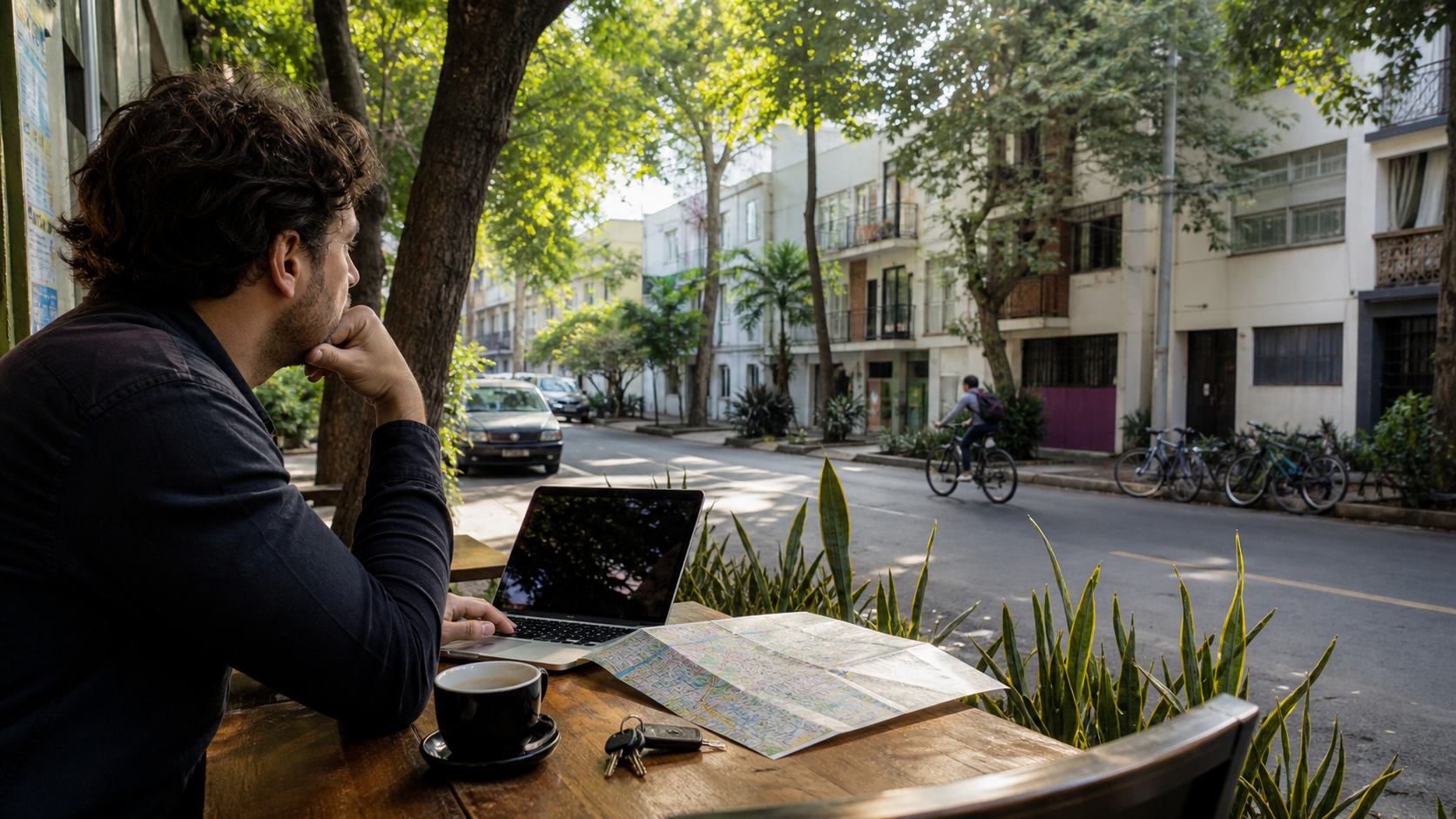 Remote worker comparing Escandon with Narvarte, Roma Sur, and Condesa from a quiet cafe on a leafy Mexico City street.