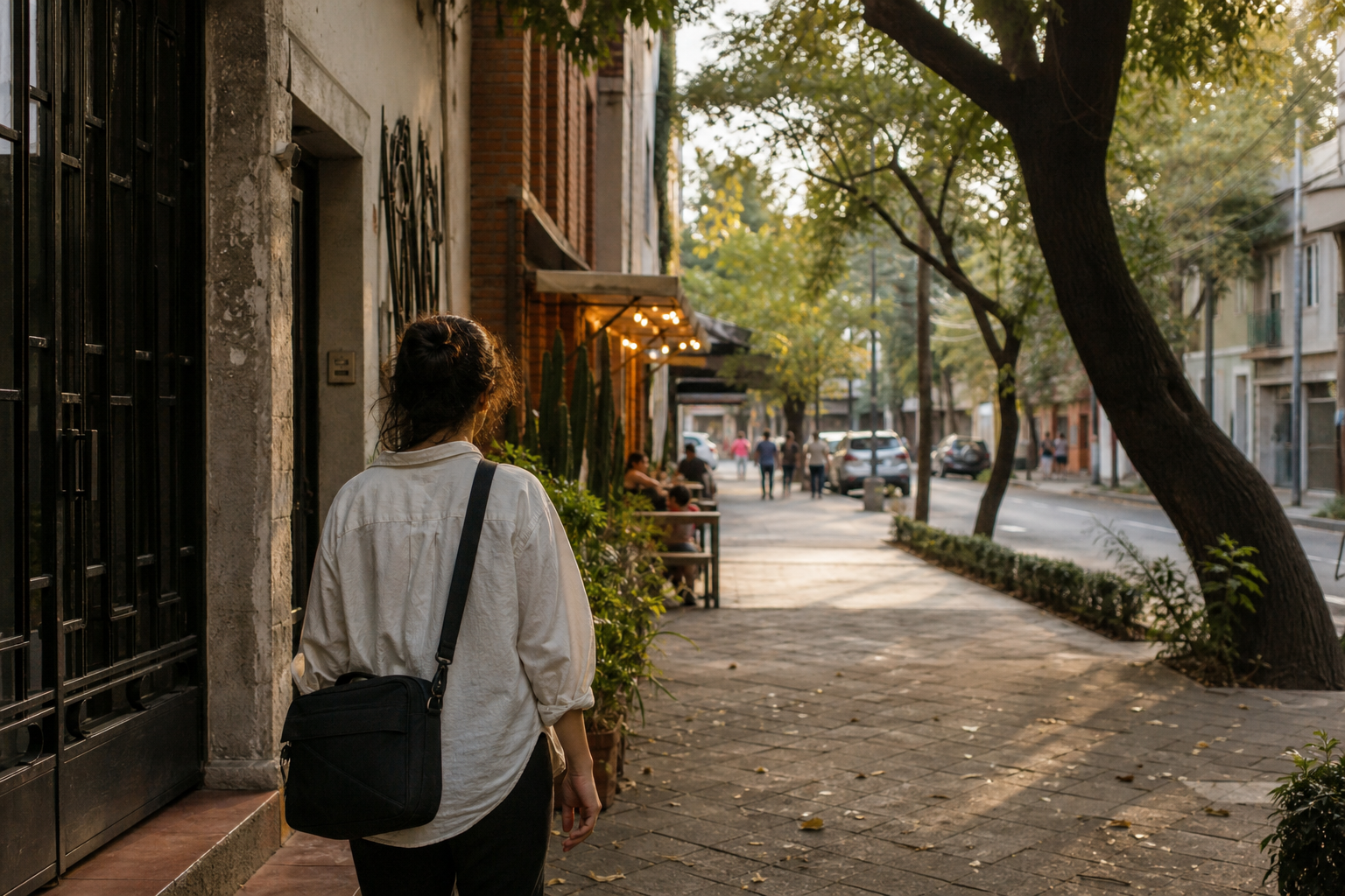 Remote worker leaving an Escandón apartment for a golden-hour neighbourhood walk after finishing the workday