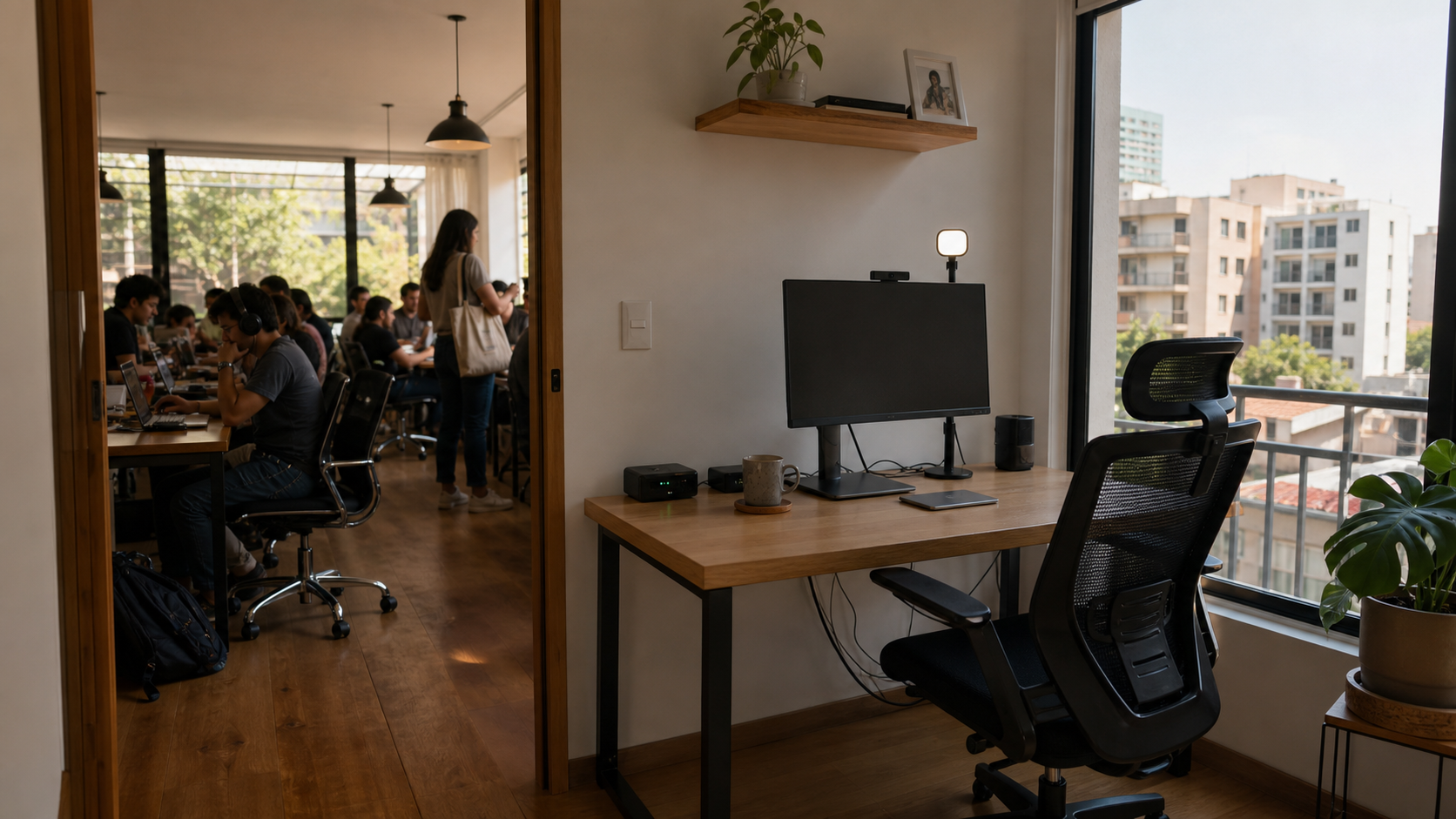 Escritorio privado en un departamento amueblado de CDMX contrastado con un área común de coworking llena durante horas pico.