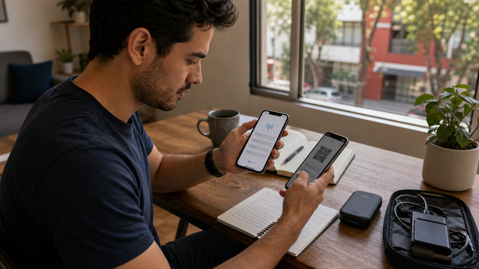 A remote worker activates a Mexico City eSIM over apartment Wi-Fi while keeping a second phone ready as a hotspot backup for work calls.