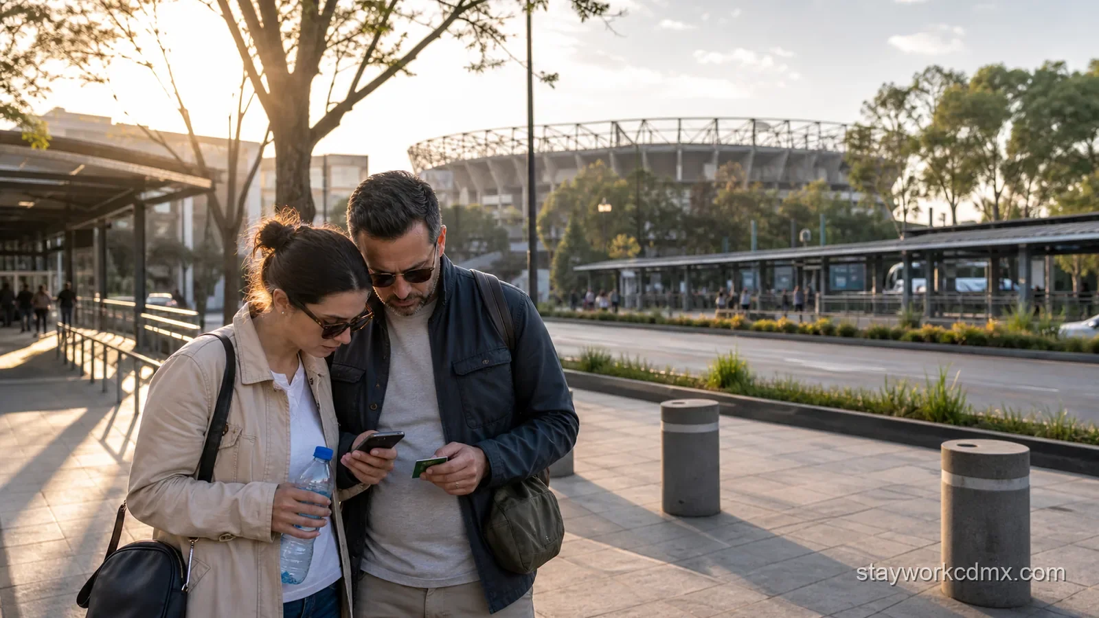 Travelers planning a route to Estadio Azteca from a south-side Mexico City transit stop before a World Cup match.