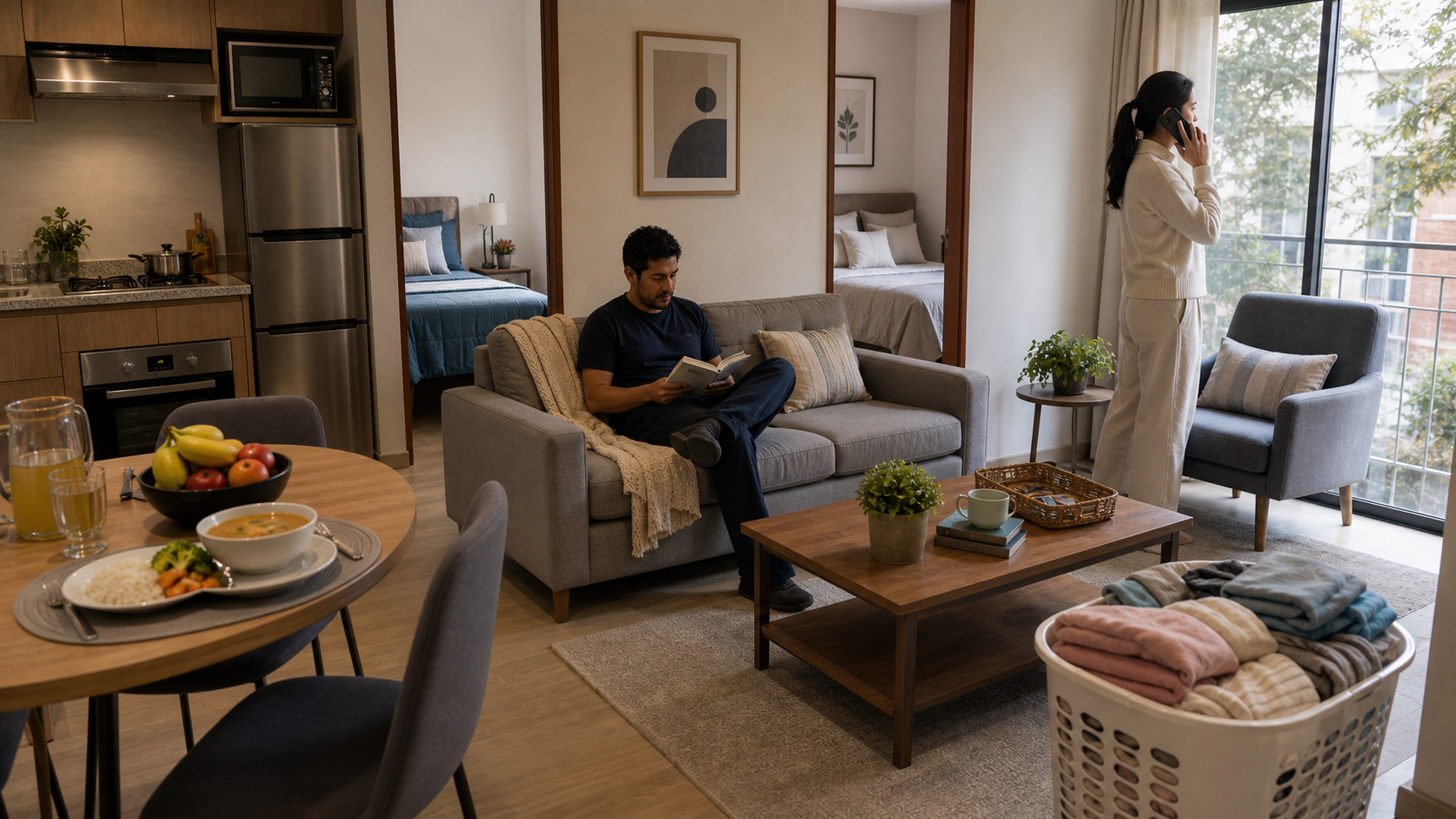 Family apartment near Hospital Infantil de Mexico with kitchen, laundry, rest space, and a private call area for two adults during a monthly pediatric hospital stay.