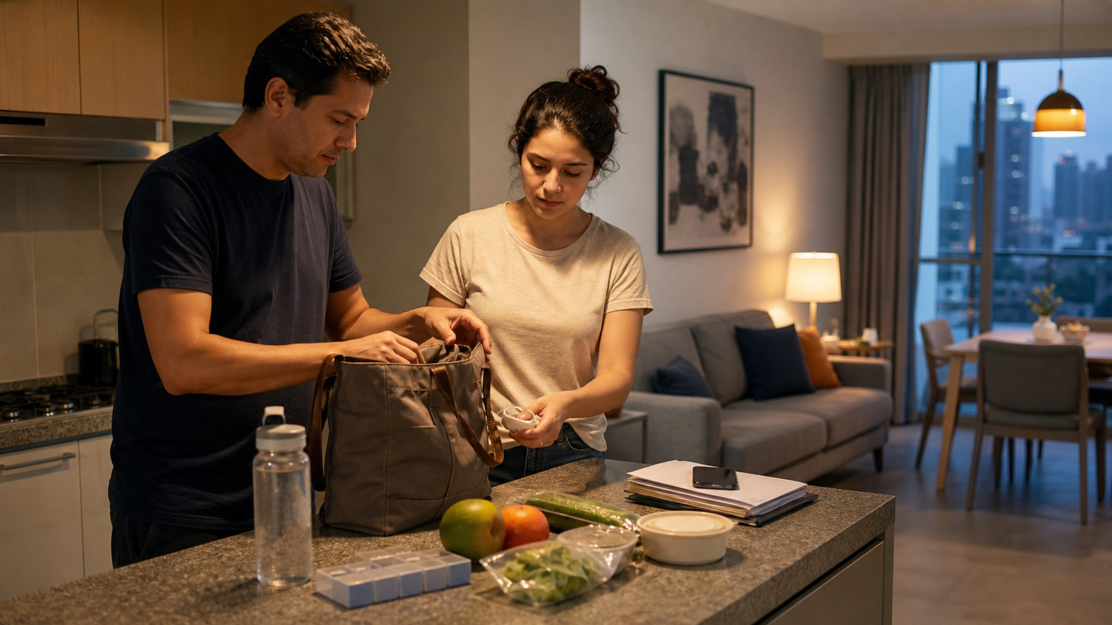 Patient and companion planning medication, meals, and follow-up logistics in a furnished Mexico City recovery apartment.