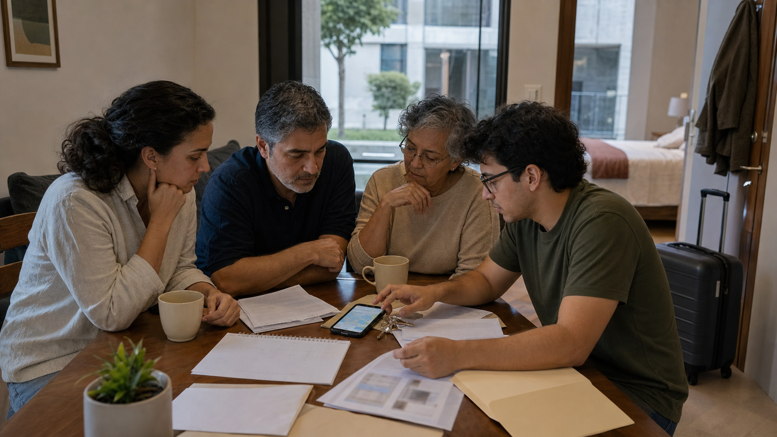 Family prepares documents, dates, keys, and luggage before booking a long patient-family hospital stay in Mexico City.