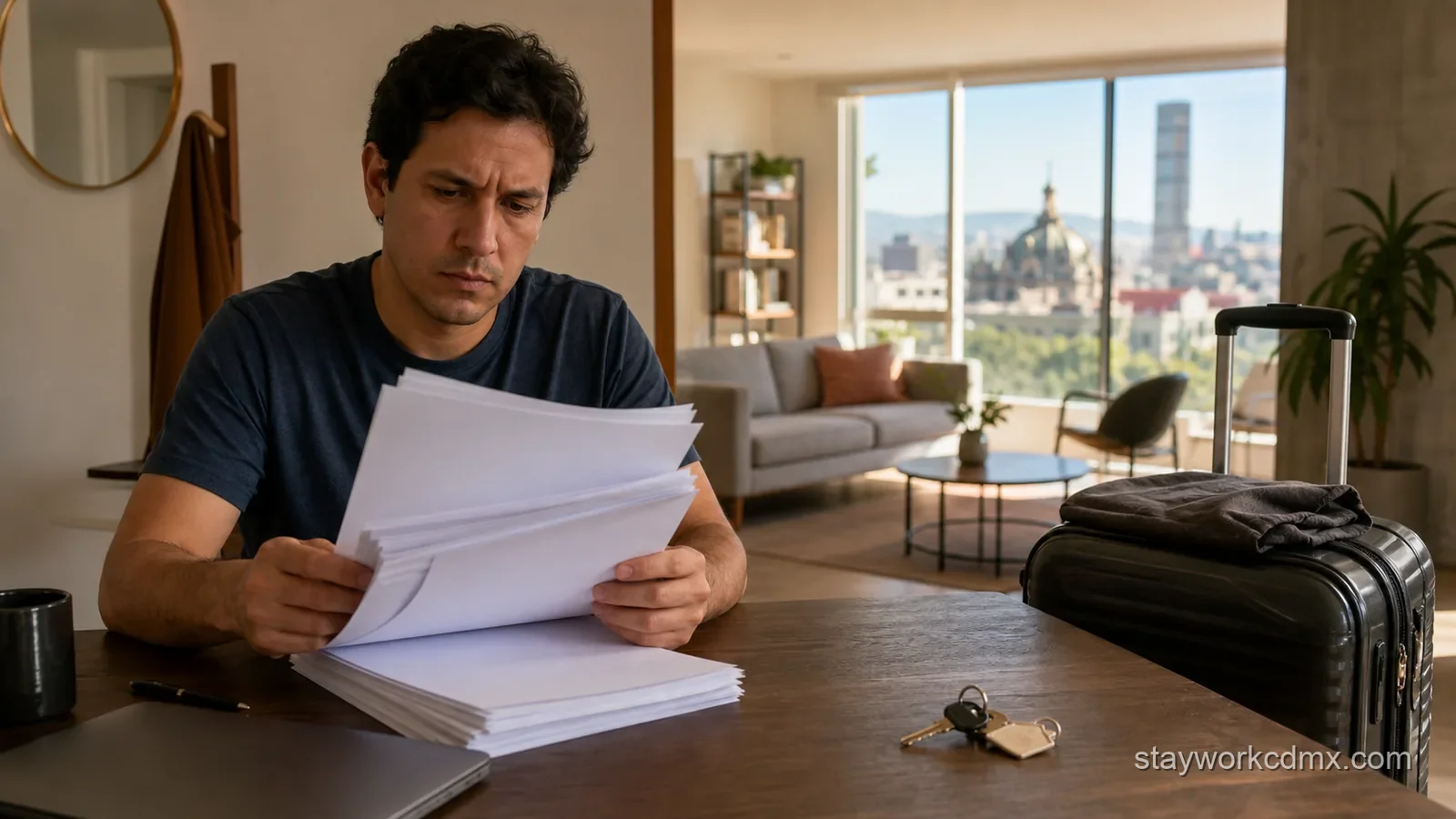 A renter compares traditional lease paperwork with keys for a furnished monthly apartment in Mexico City.