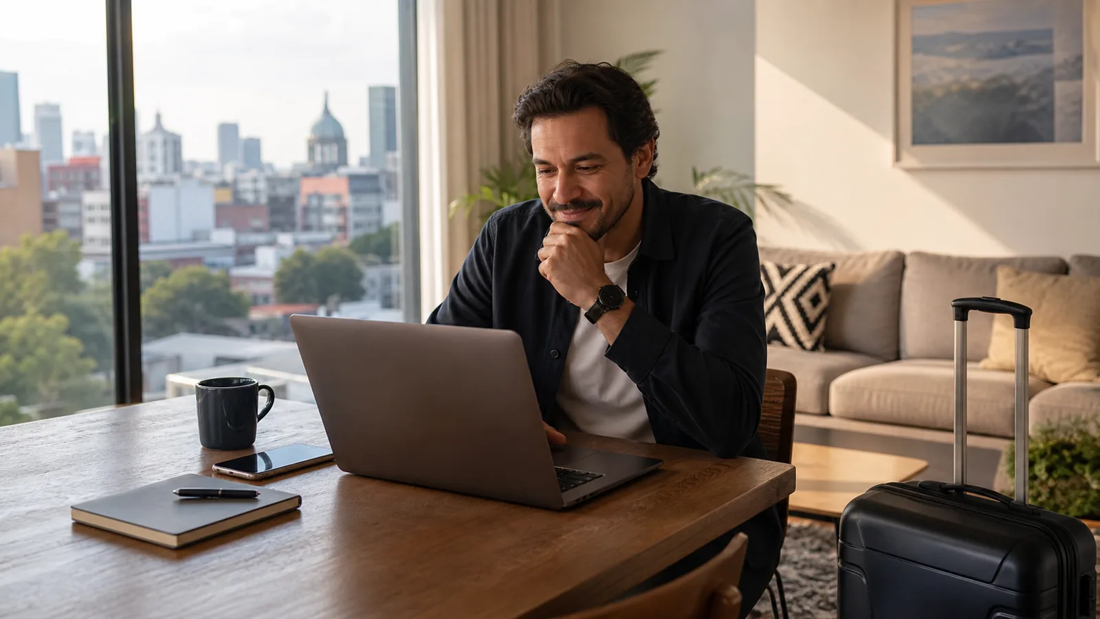 A traveler reviews a laptop in a furnished Mexico City apartment before choosing a monthly stay over a hotel.