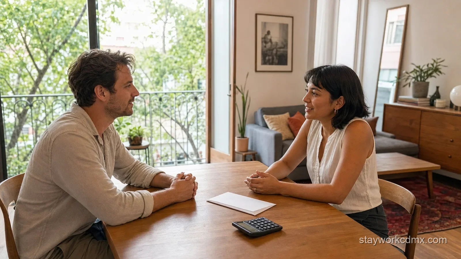 Traveler and verified host calmly confirming a furnished monthly apartment stay in a sunlit Mexico City living room before payment.