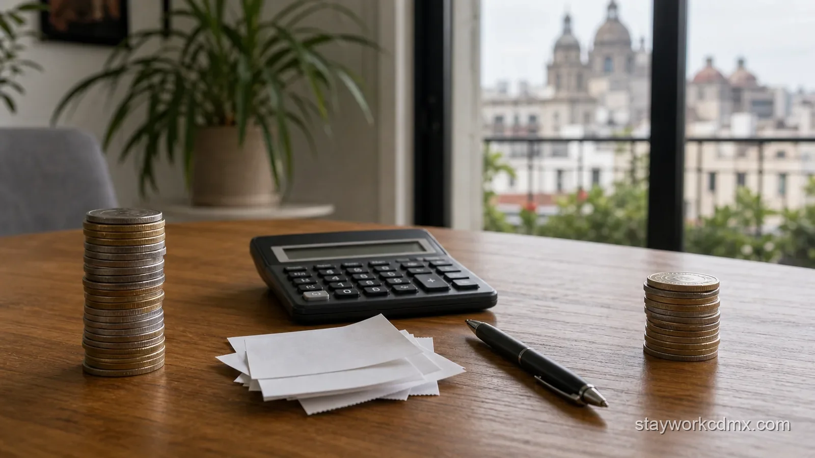 Two stacks of coins beside receipts and a calculator, illustrating the gap between what a guest pays and what a host receives after platform deductions in CDMX.