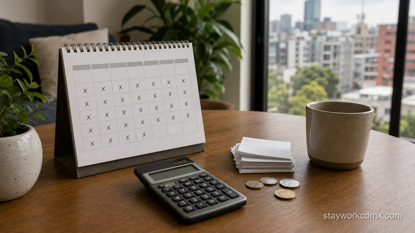 Desk calendar and calculator by a CDMX city-view window, illustrating how the 5% hospedaje tax adds up over many nights.
